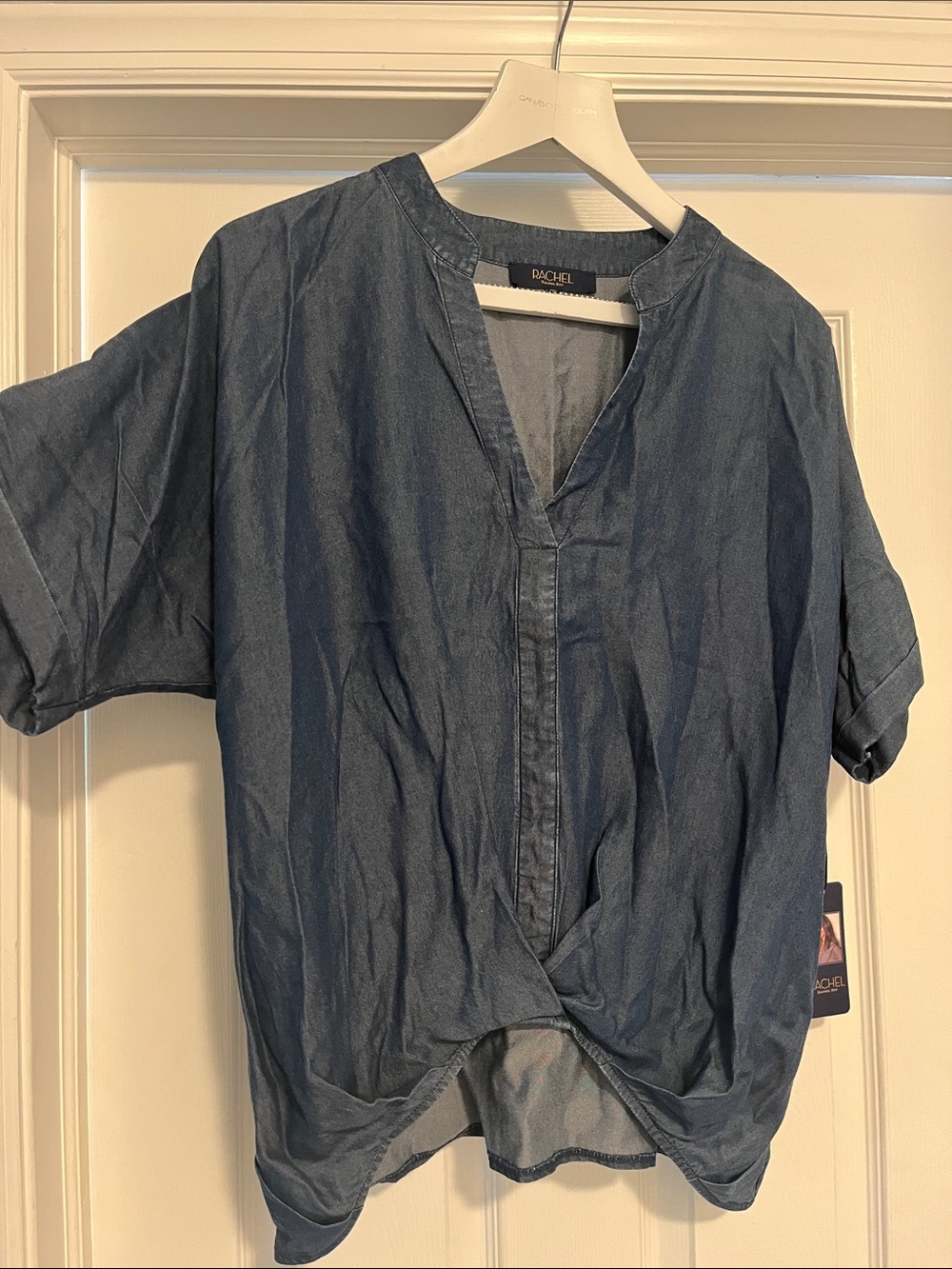 RACHEL Rachel Roy Indigo Blue Short Sleeve V-Neck Twist Front Top